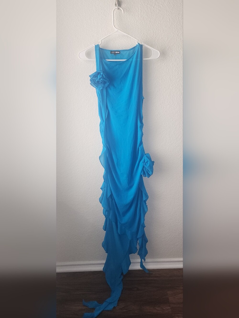 Blue Sheer Ruffled Maxi Dress with Floral Appliqués